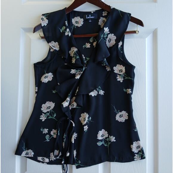 Lulus Build Me Up Buttercup Black Floral Print Wrap Top Sm sheer ruffled collar - Picture 1 of 14